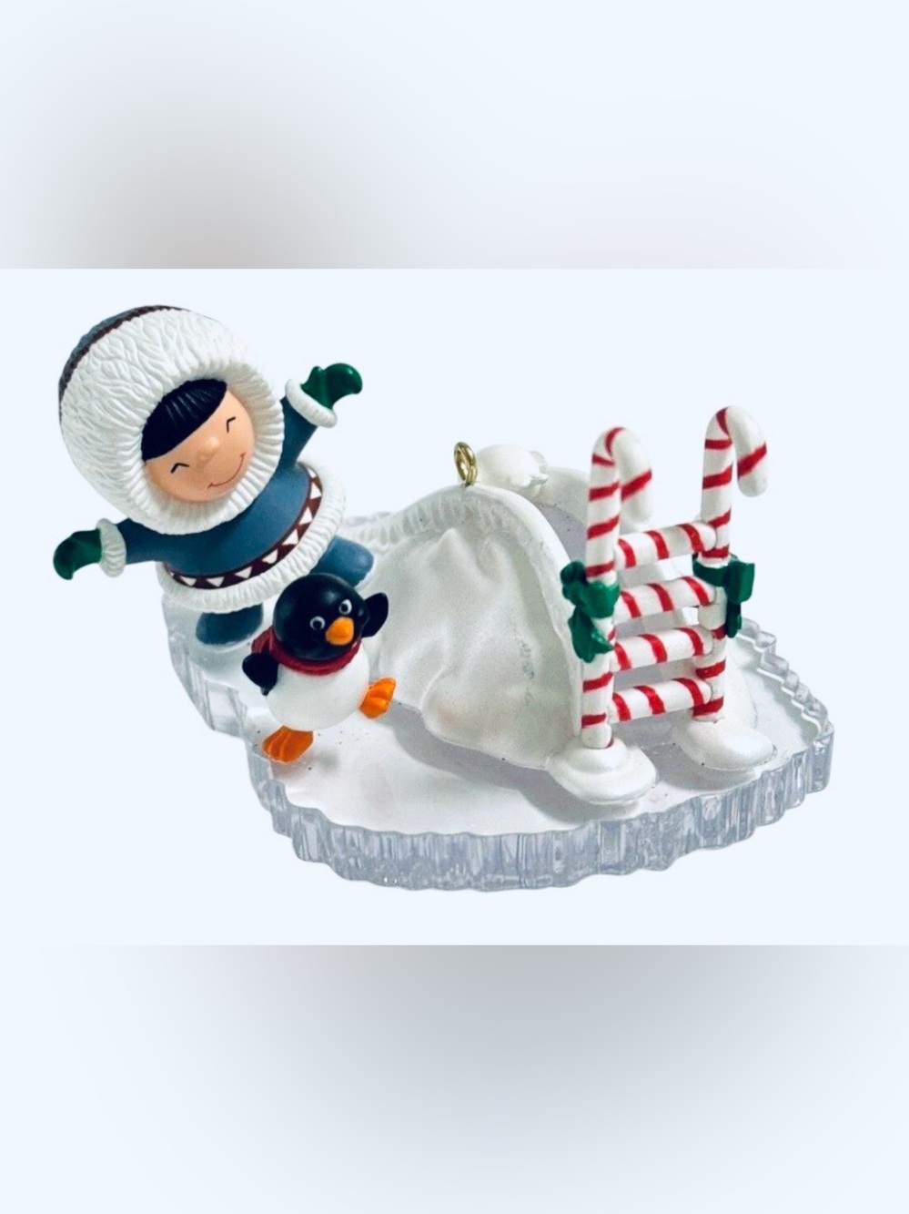 2004 Ice Skating Frosty Friend Hallmark Candy-Cane Sled Eskimo & Penguin